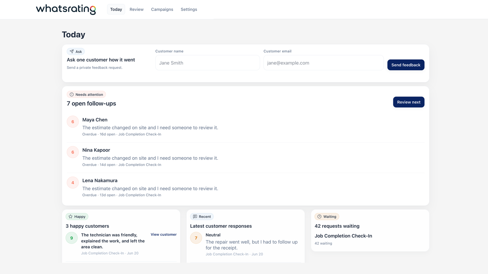 whatsrating Today page showing the ask customer card and open follow-ups.